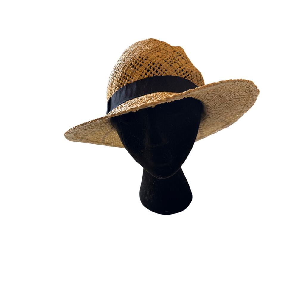 Nordstrom Womens Straw Sun Hat Wide Brim Open Weave Black Ribbon Tan Beach
